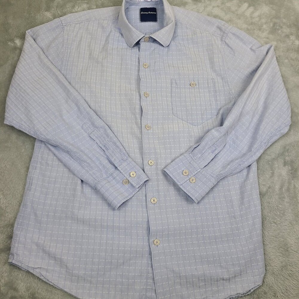 Tommy‎ Bahama Shirt Mens Large Blue Silk Cotton Button Up Short Sleeve Pocket